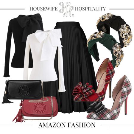 Chic Holiday Workwear Looks from Amazon for the winter. Long Sleeve fitted bow sweater, pleated chiffon midi skirt, leather Gucci purses, embellished statement headbands, plaid Betsey Johnson heels. Holiday, Christmas party, preppy, glam, festive, red, black, dark green, white   

#LTKworkwear #LTKHoliday #LTKunder50