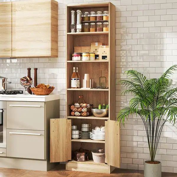 Oak 6-Tier Tall Freestanding Bookshelf with 3 Adjustable Shelves and Double Doors - 19.5" x 9.5" ... | Bed Bath & Beyond