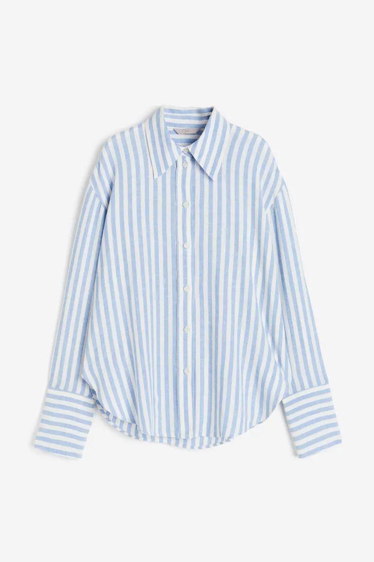 Oversized linen-blend shirt - Long sleeve - Regular length - White/Blue striped - Ladies | H&M GB | H&M (UK, MY, IN, SG, PH, TW, HK)