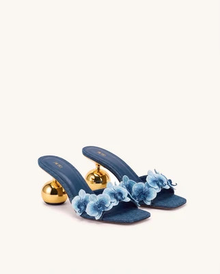 Celia Orchid Embroidered Sphere Heel Mules - Denim Blue | JW PEI US