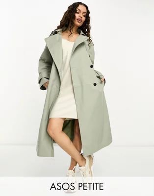 ASOS DESIGN Petite longline trench coat in light khaki | ASOS (Global)