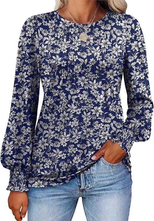 Prinbara Long Sleeve Shirts for Women 2025 Fall Tops Floral Print Pleated Dressy Casual Blouses | Amazon (US)