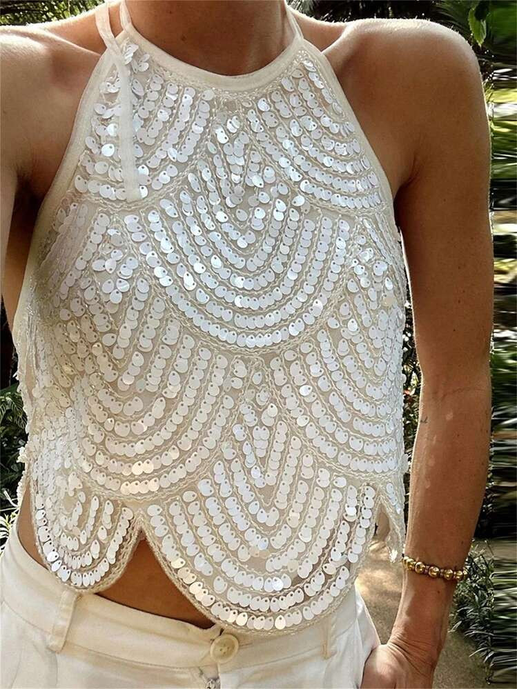 Women Halter Top, Tie-Up Sleeveless Tops Backless Sequined Summer Vest For Club Party | SHEIN