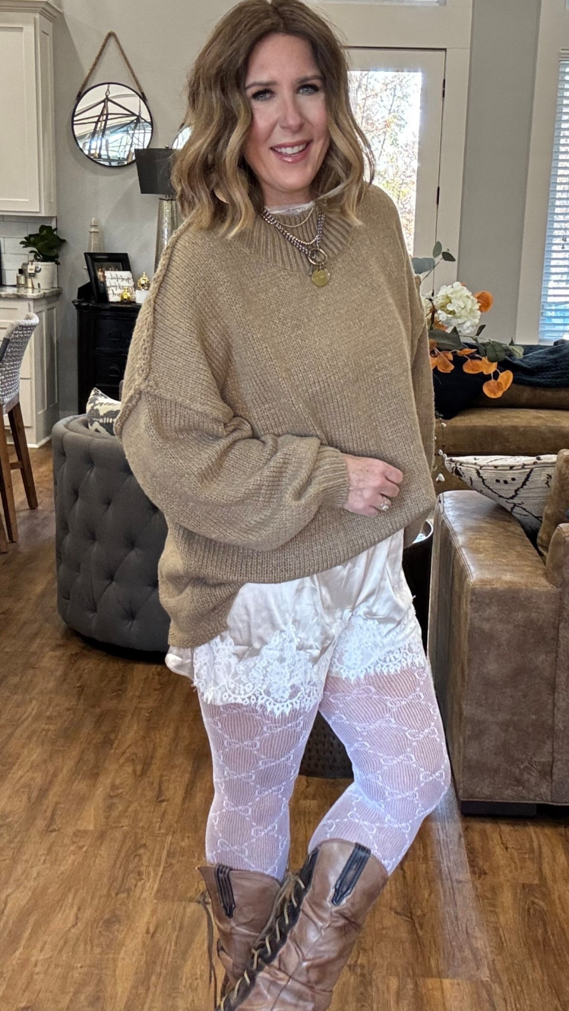 Oversized sweater with lace shorts. Cozy and warm 

#LTKmomlife #LTKSeasonal #LTKOver40