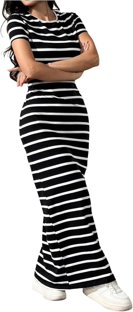 Floerns Women's Striped Short Sleeve Maxi Dress Crewneck Casual Summer Bodycon Long Dresses | Amazon (US)