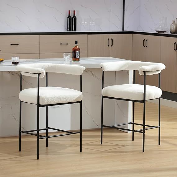 HEAH-YO Modern Sherpa Bar Stools Set of 2, 26 Inches Counter Stools with Back Boucle Upholstered ... | Amazon (US)