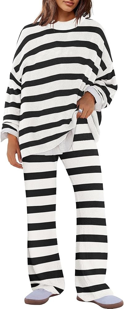 Panadila Womens Oversized Lounge Sets Striped Sweater Set 2 Piece Pajama Set Long Sleeve Top and ... | Amazon (US)