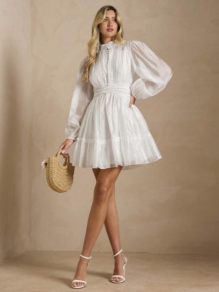 Enchnt Spring/Summer Romantic Women's White Stand Collar Lantern Sleeve Ruched Flounce Hem Fashionable Mini Dress,Chic&Elegant For Date&Going Out&Daily Commute&Afternoon Tea,Summer Clothes For Women,Summer Outfits For Women,Dresses For Women Elegant,Vacation Dresses,Beach Dress,White Dress | SHEIN