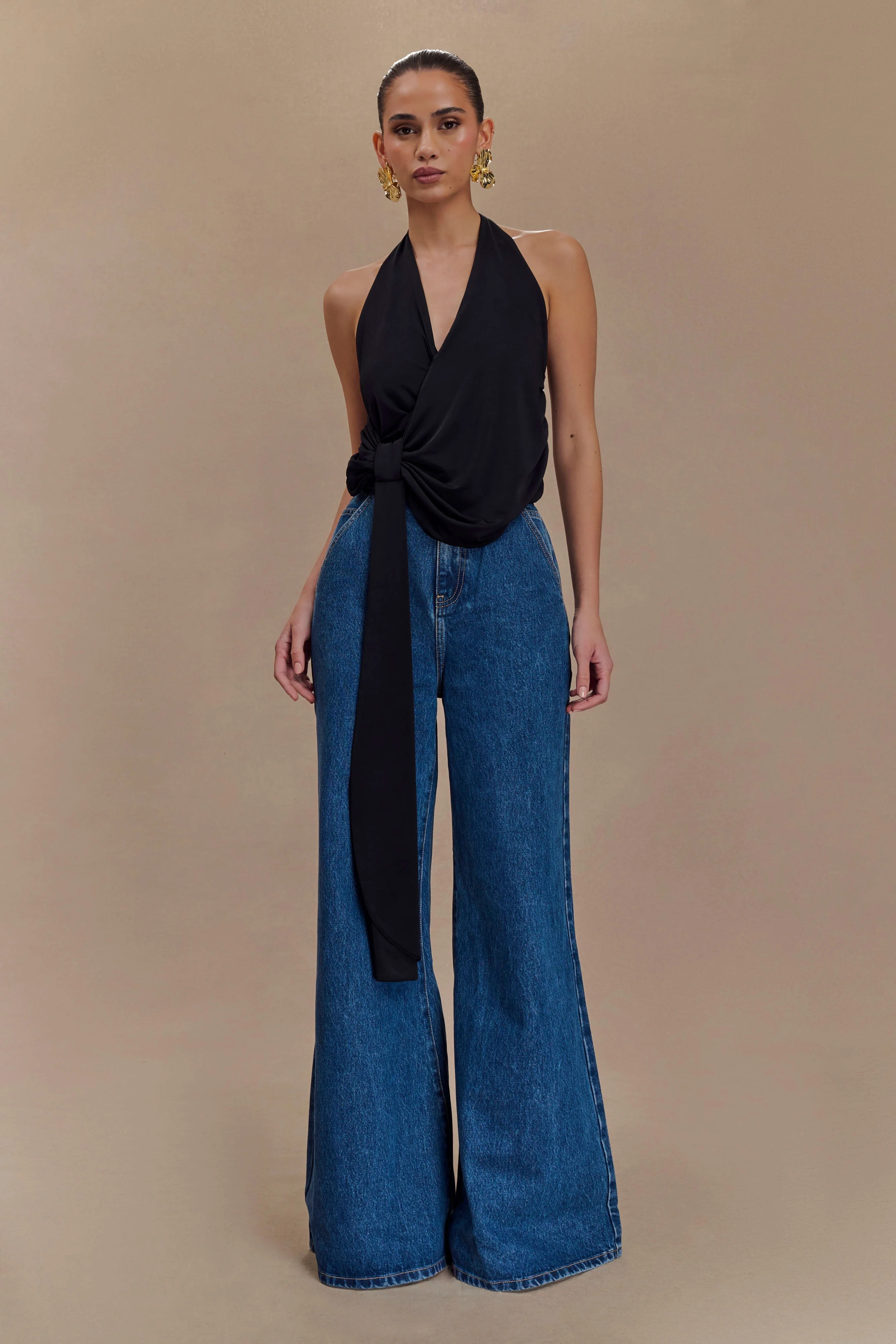 Tyla Draped Slinky Halter Top - Black | MESHKI US