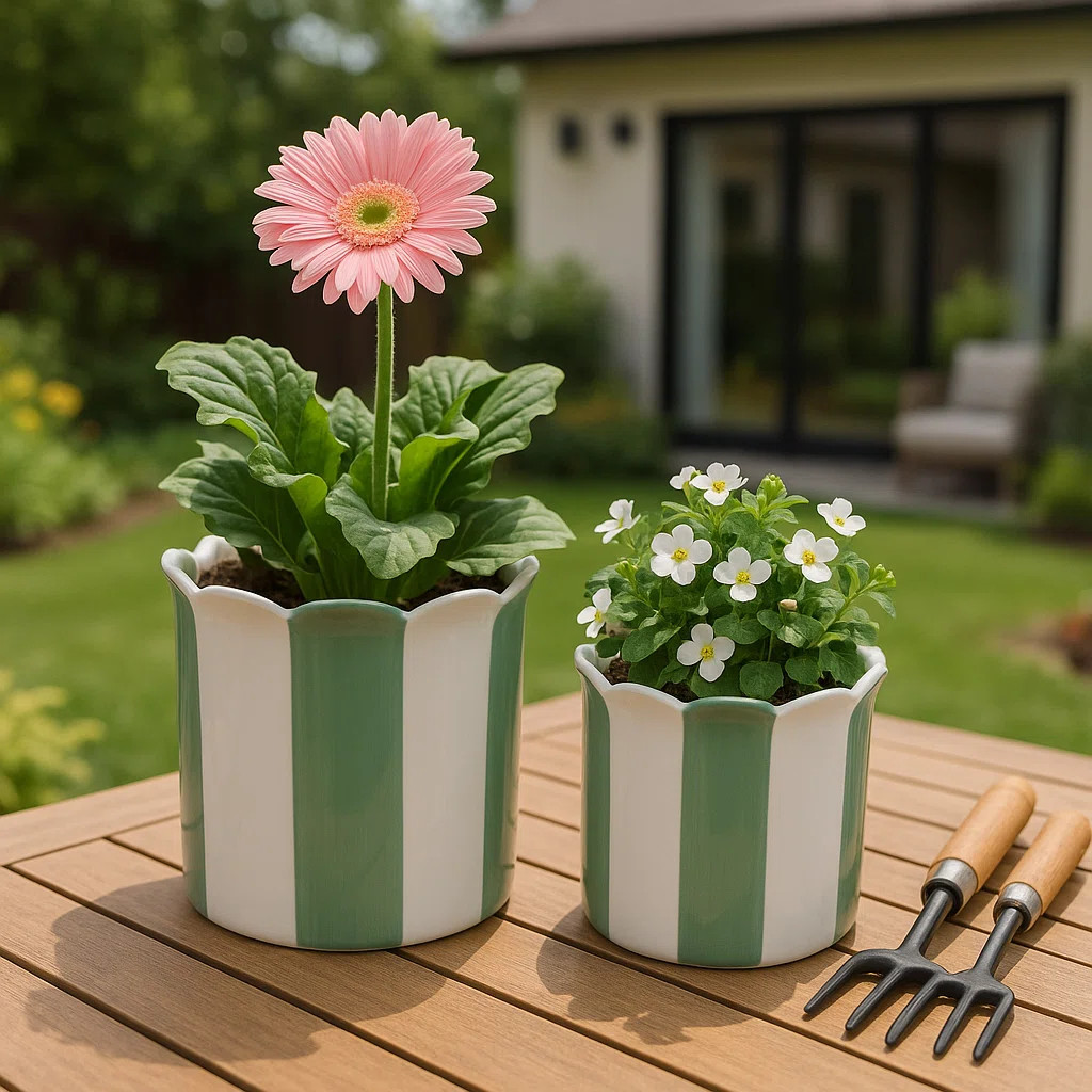 Ceramic Outdoor Planters - Striped Flower Pots With Scalloped Edge - Indoor Planter For Plants, F... | Wayfair North America