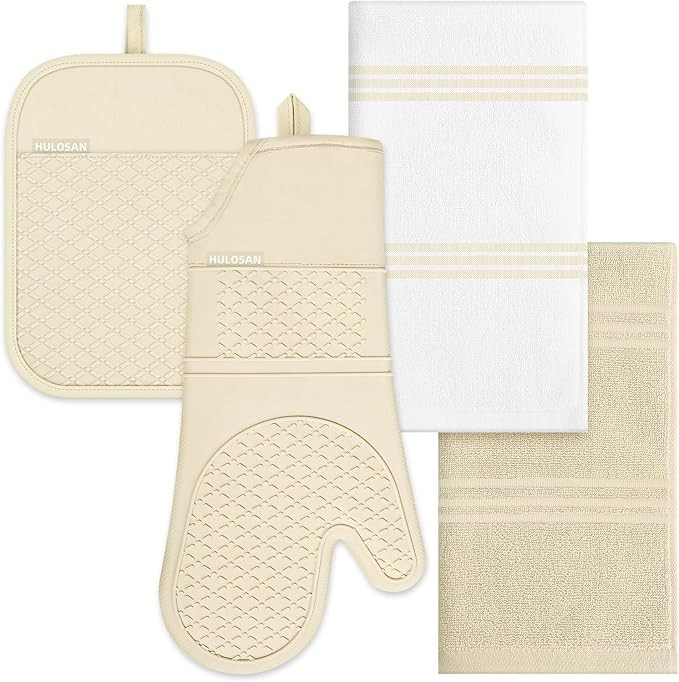 Oven Mitt and Pot Holders Sets, Quilted Cotton Terry Cloth,Non-Slip Pot Holder, Silicone Oven Mit... | Amazon (US)