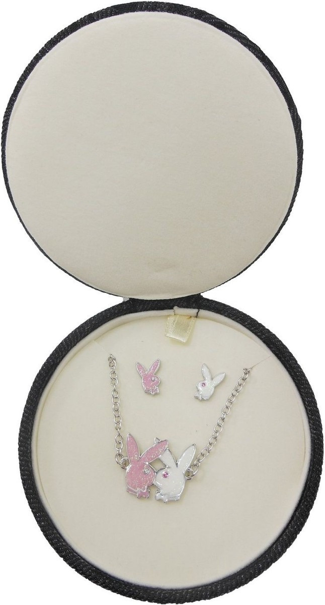 Playboy Jewelry Set Necklace Earrings Silver Swarovski Crystal Pink Bunny Logo | eBay US