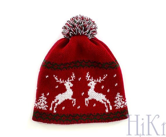 Reindeer beanie men and women, Deer beanie hat pompom, Burgundy Deer Hat, Hand made Knit slouchy ... | Etsy (US)