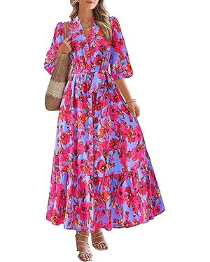 MASCOMODA Womens Floral Maxi Dresses Boho Summer Casual V Neck 3/4 Puff Sleeve Button Down Tie Wa... | Amazon (US)