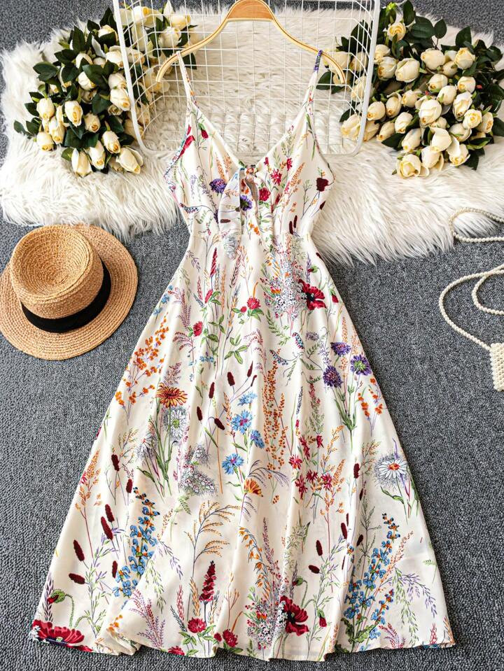 Breezaya Women's Elegant Casual Print Cinched Waist Spaghetti Strap Long Dress | SHEIN