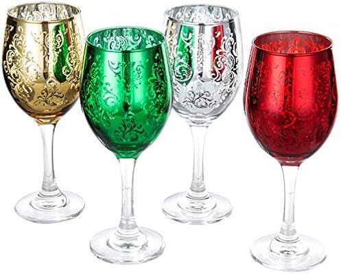 MyGift Etched Glass Colored Christmas Wine Glasses, Set of 4 | Amazon (US)