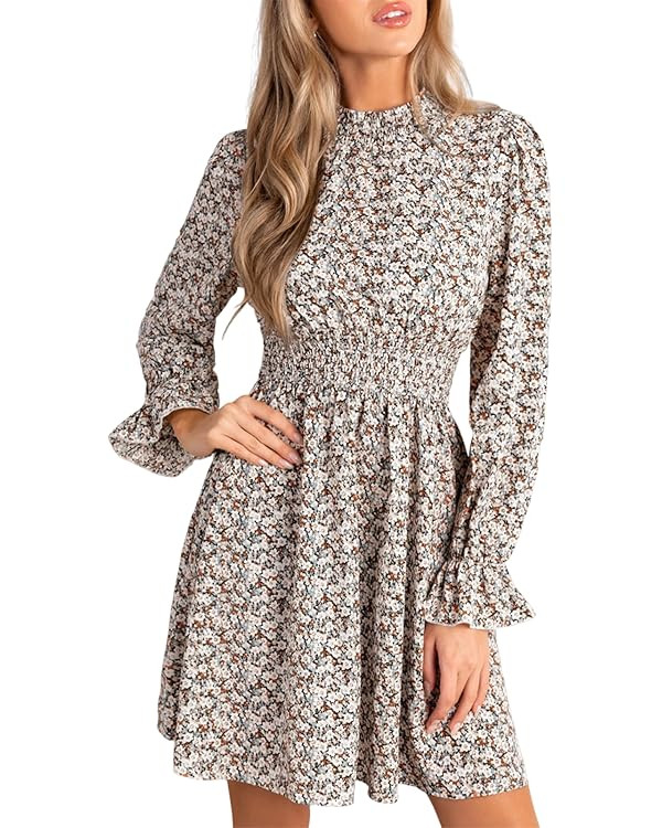 CUPSHE Women's Mock Neck Floral Mini Fall Dress Long Ruffle Sleeve Elastic Waist Smocked Casual F... | Amazon (US)