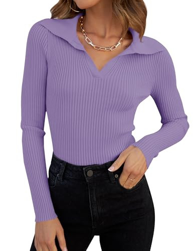 ZESICA Sweaters for Women Spring Long Sleeve V Neck Ribbed Knit Pullover Tops Casual Slim Fit Basic Tee Shirts,Purple,X-Large | Amazon (US)