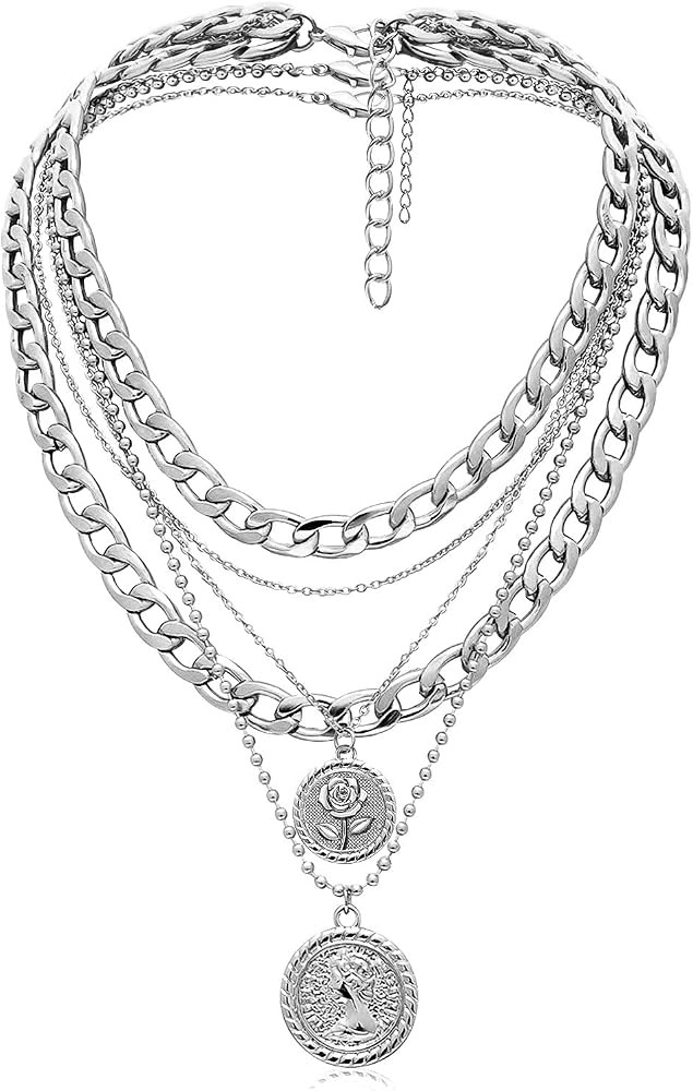 Gold Layered Necklaces for Women Chunky Choker Link Chain Trendy Retro Coin 14K Pendant Necklace ... | Amazon (US)