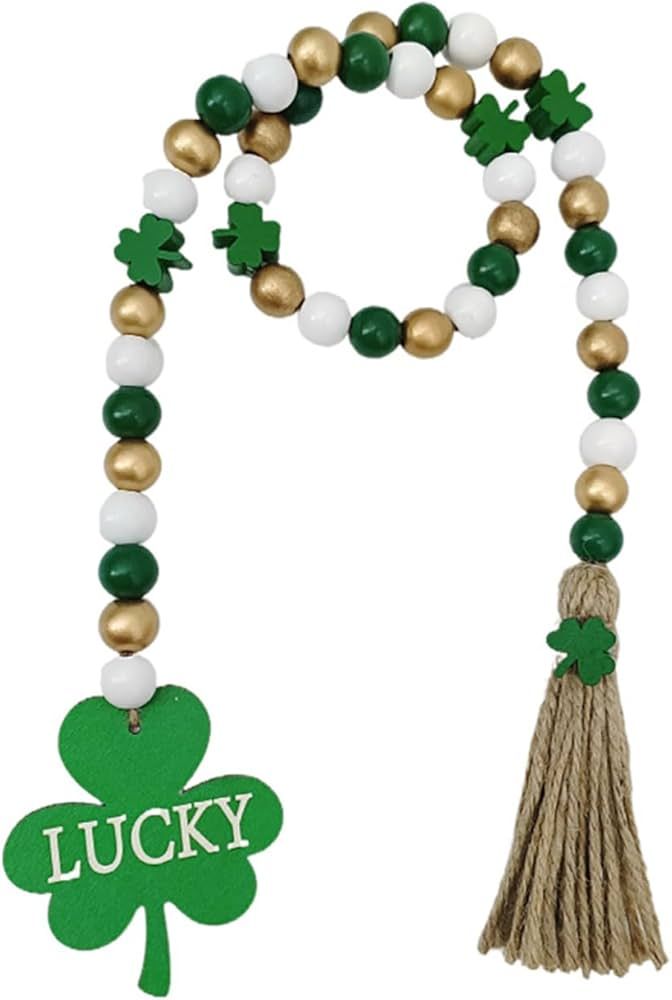 St Patrick's Day Wood Beads Garland with Tassels, St Patrick's Day Hanging Wooden Green Shamrock ... | Amazon (US)