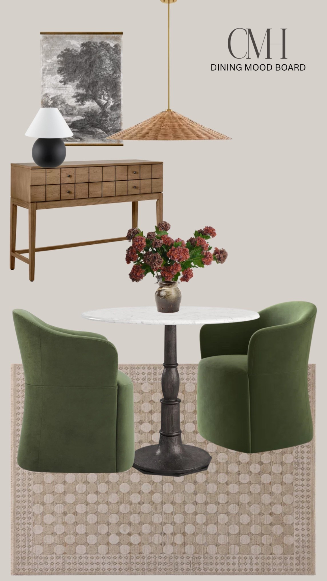 Has there ever been a more perfect dining chair? The answer is no. And if you know me, I’m a sucker for marble bistro dining vibes so to pair these with a marble bistro table was exactly the answer. I love mixing textures, so I threw in this woven pendant. What a dreamy little dining nook! I especially love the contrast of the red stems. I’ll definitely be ordering those. They check all the boxes for me! The console table I put on this mood board was what inspired my console table build for the water station in my basement! It’s such a good one and very affordable. I also just adore this tapestry. Could go anywhere, in any room!

#LTKSeasonal #LTKStyleTip #LTKHome