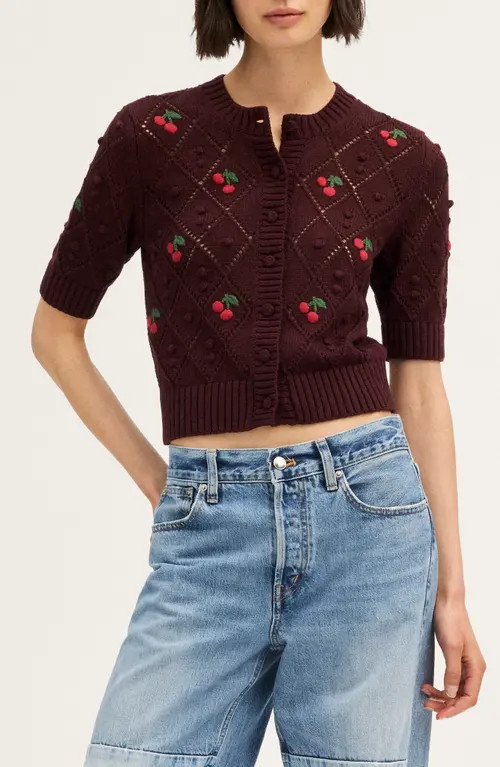 Madewell Embroidered Bauble Cotton Pointelle Stitch Cardigan in Smoked Claret Cherry at Nordstrom, Size Large | Nordstrom