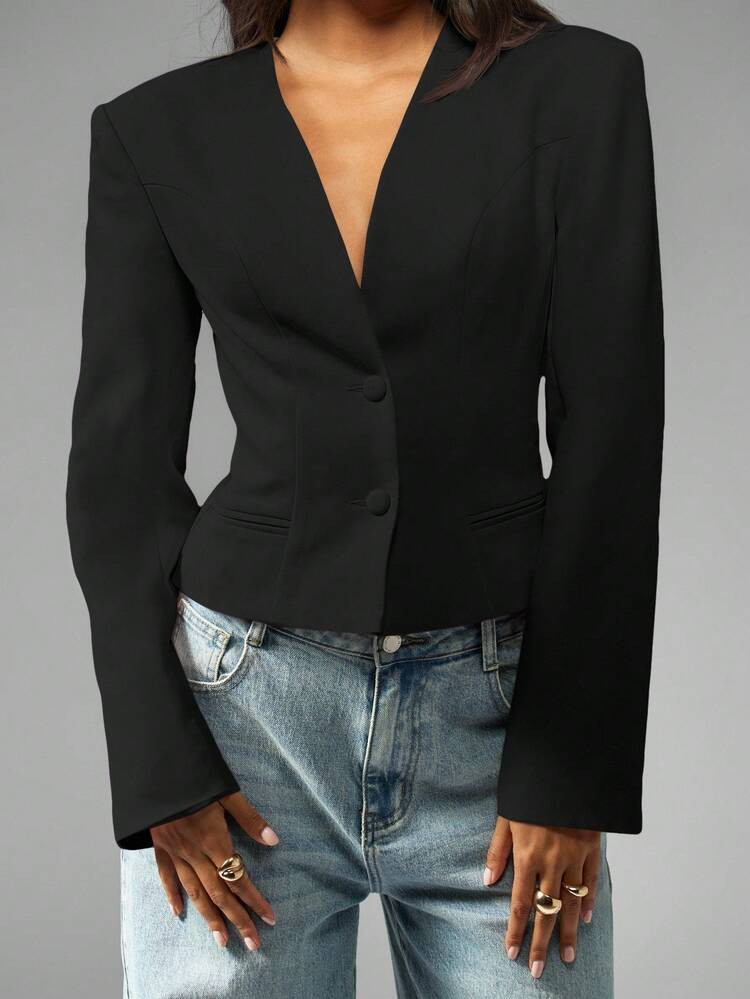 MISSGUIDED Elegant Professional Collarless Cropped Blazer Slim Fit Office Wear Business Casual Wo... | SHEIN