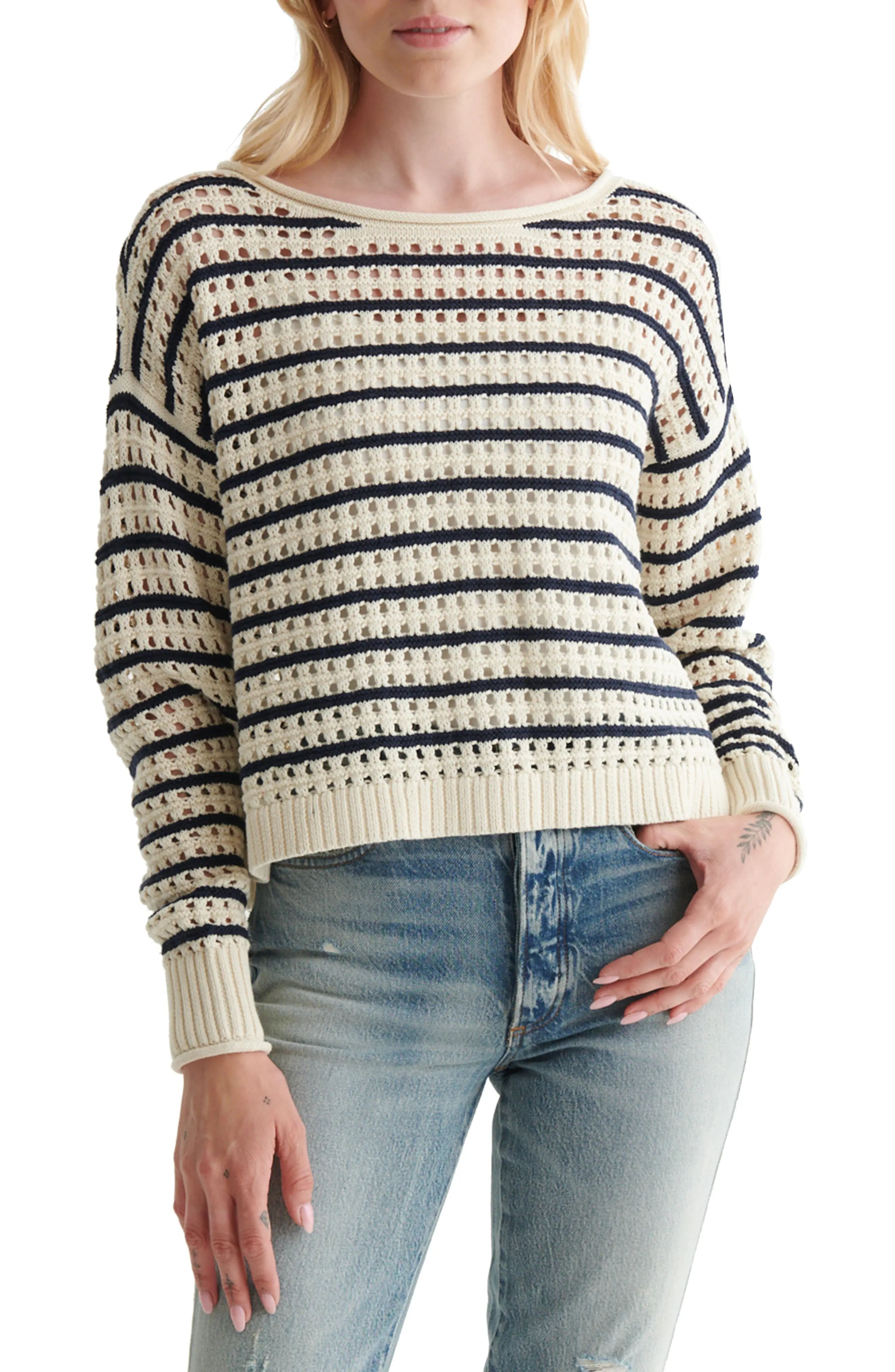 Lucky Brand Pointelle Stripe Cotton Sweater, Size Medium in Cream Navy Blazer St at Nordstrom | Nordstrom