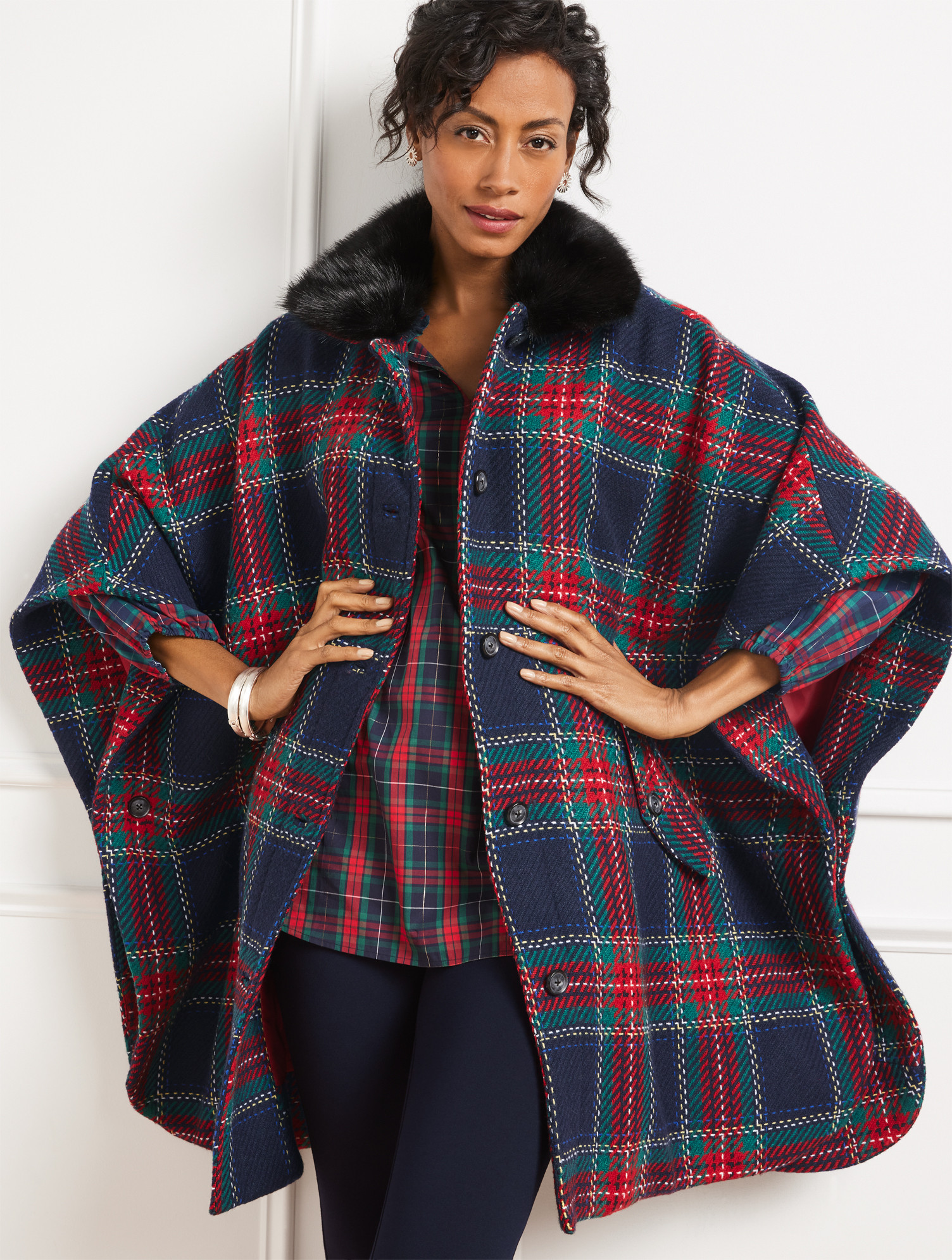 Wool Blend Cape - Plaid - Indigo - S/M Talbots | Talbots