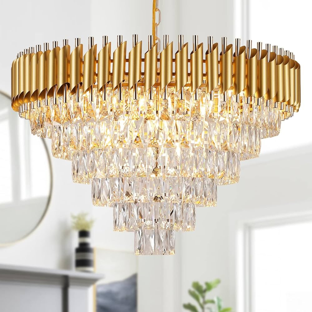 AXILIXI Gold Crystal Chandelier, Modern 30" Round Chandeliers for Dining Room K9 6-Tier Extra Lar... | Amazon (US)