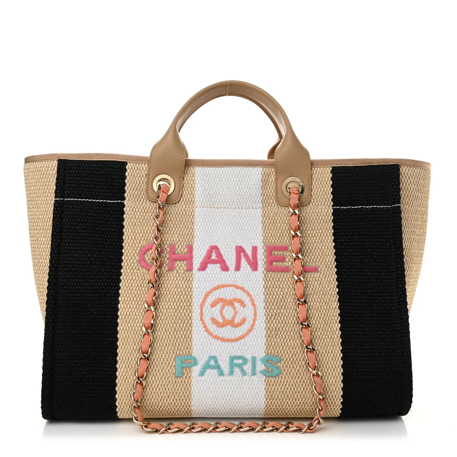 Straw Raffia Calfskin Striped Medium Deauville Tote Black Beige Ivory | FASHIONPHILE (US)