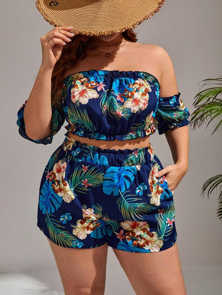 SHEIN VCAY Plus Tropical Print Off Shoulder Frill Trim Crop Top & Shorts | SHEIN