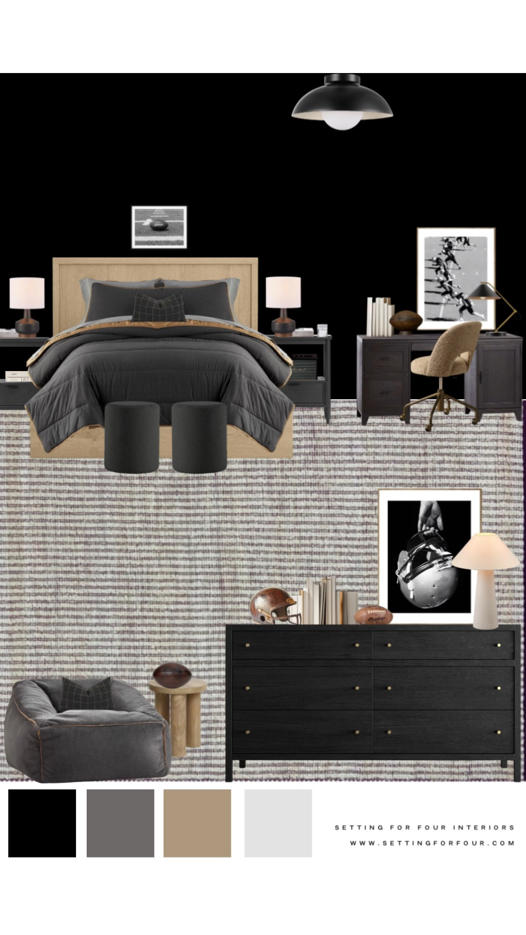 Teen boys bedroom mood board design and decor ideas, desk chair is on sale!football theme, kids room, flush mount light, black, beige and white, comforter, bedding, desk, desk chair, wood bed, homework area, study zone, nightstands, lounge chair, end table, table lamps, boy, teenager, wall art, organic modern, minimalist, transitional, Pottery Barn style, Crate & Barrel, Amazon, Walmart, Target 

#LTKmomlife #LTKHome #LTKSaleAlert