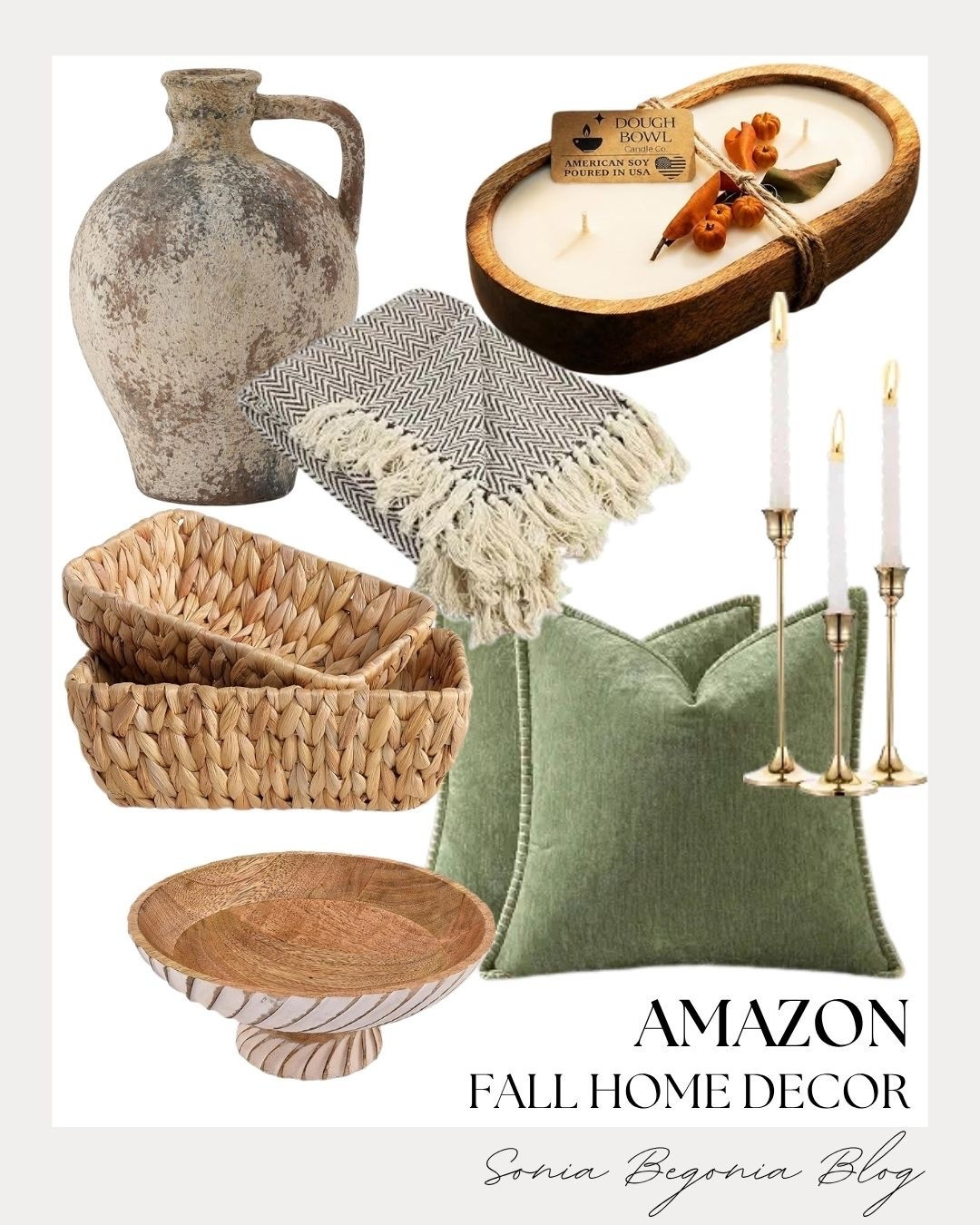 I put together this cozy autumn setup featuring sage green pillows, a dough bowl candle, a patterned fringed throw blanket, a rustic vase, woven baskets, and brass candlesticks. Cozy fall accents for your space! 🍂✨

#AmazonHome #FallHomeDecor #AmazonFinds #LTKhome #CozyVibes #NeutralDecor #ModernFarmhouse #LivingRoomInspo #HomeDecor #AutumnVibes #LTKunder50 #FallDecor

#LTKHome #LTKSeasonal