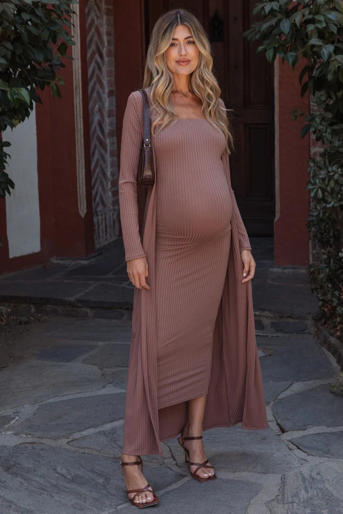 Mocha Ribbed Sleeveless Dress Cardigan Maternity Set | PinkBlush Maternity
