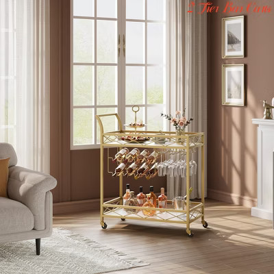 Bar Cart Gold, 2 Tier Bar Carts for The Home, Gold Bar Carts on Wheels, Serving Cart w/ White Marble Finish Wood Shelf, Wine Rack & Glass Holder | Target