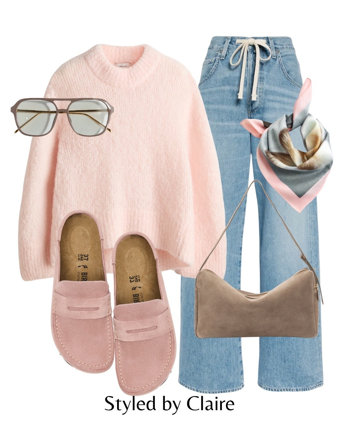 PINK BIRKENSTOCK NAPLES🌸
Tags: mohair blend knit jumper H&M new in drawstring citizens of humanity jeans cool girl lighter wash suede loafers mules shoulder bag Elleme taupe silk scarf sunglasses blue light fashion city break spring inspo outfit ideas denim capsule wardrobe elevated basics 

#LTKspringtrends #LTKootd #LTKspring