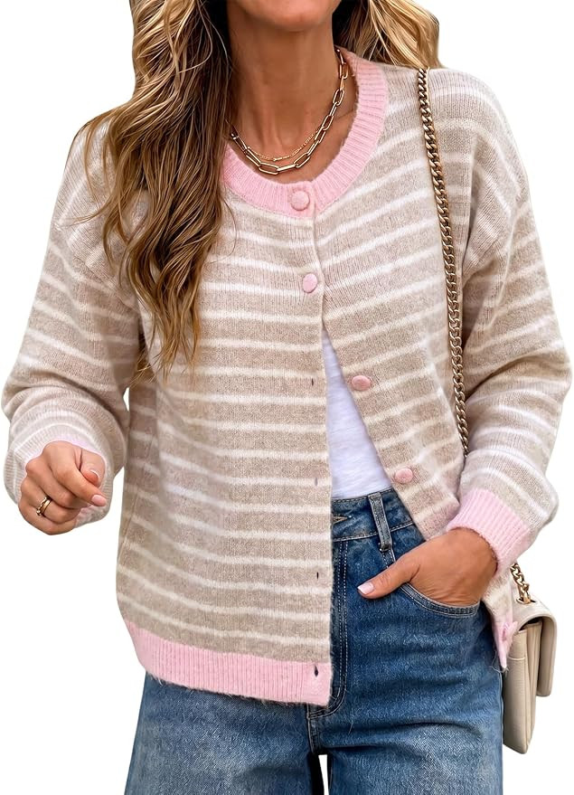 Cicy Bell Women Striped Button Down Cardigan Sweater Color Block Knitwear | Long Sleeve, Fall Clo... | Amazon (US)