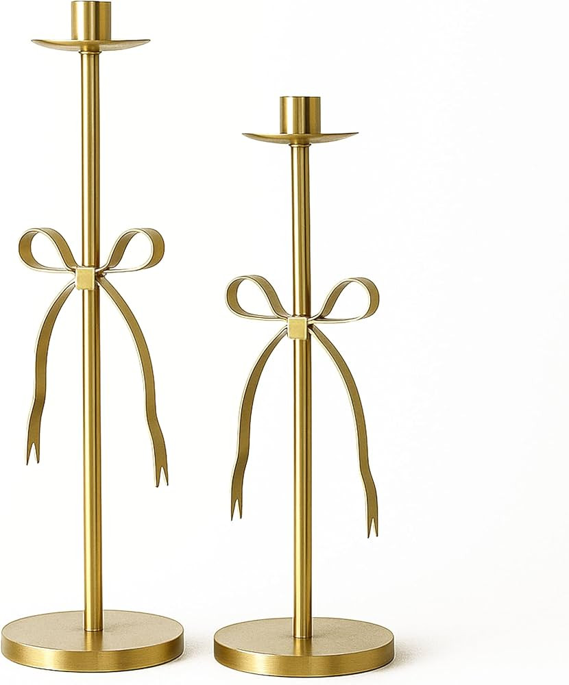 Gold Candle Holders Set of 2 Metal Taper Candle Stands with Bow Design, Modern Decorative Candles... | Amazon (US)