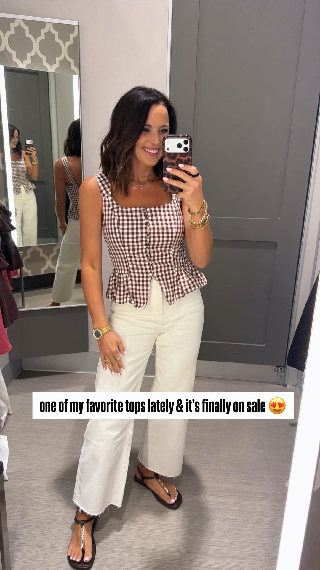 my favorite target top lately 🤎 and it’s on sale!! the brown gingham + peplum fit is so flattering and cute with white denim for summer. definitely one of those tops that looks boutique ✨ #targetstyle #targetfinds #targetsale #ginghamtop #summeroutfit #affordablefashion #whitejeans #everydaystyle