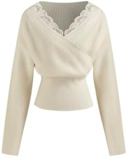 CIDER Wrap Sweater for Women V Neck Long Sleeve Knit Top Solid Lace Trim Pullover Oversized Sweat... | Amazon (US)