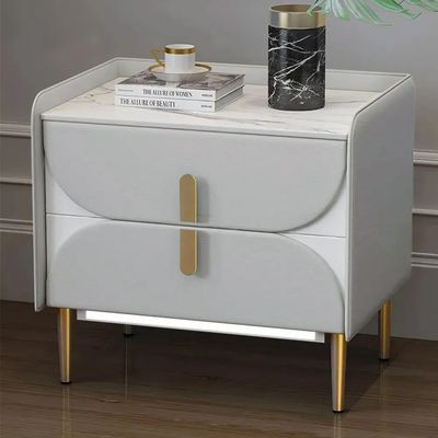Luxury Gray Nightstand Sintered Stone Top Microfiber Leather Upholstery with LED Light - Bedroom ... | Homary