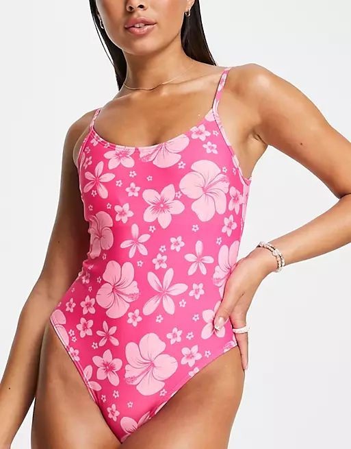 New Look low back swimsuit in pink | ASOS (Global)