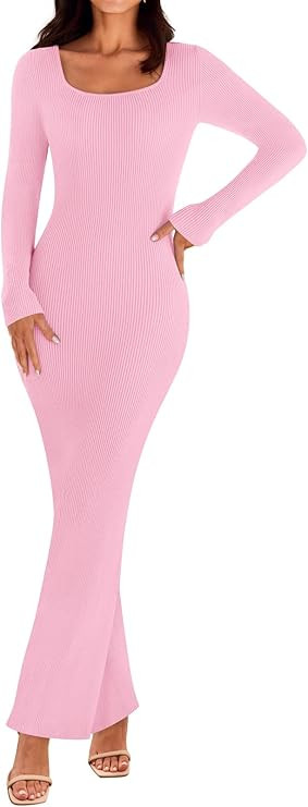 MEROKEETY Women's 2024 Fall Long Sleeve Sweater Dress Square Neck Ribbed Knit Bodycon Long Maxi D... | Amazon (US)