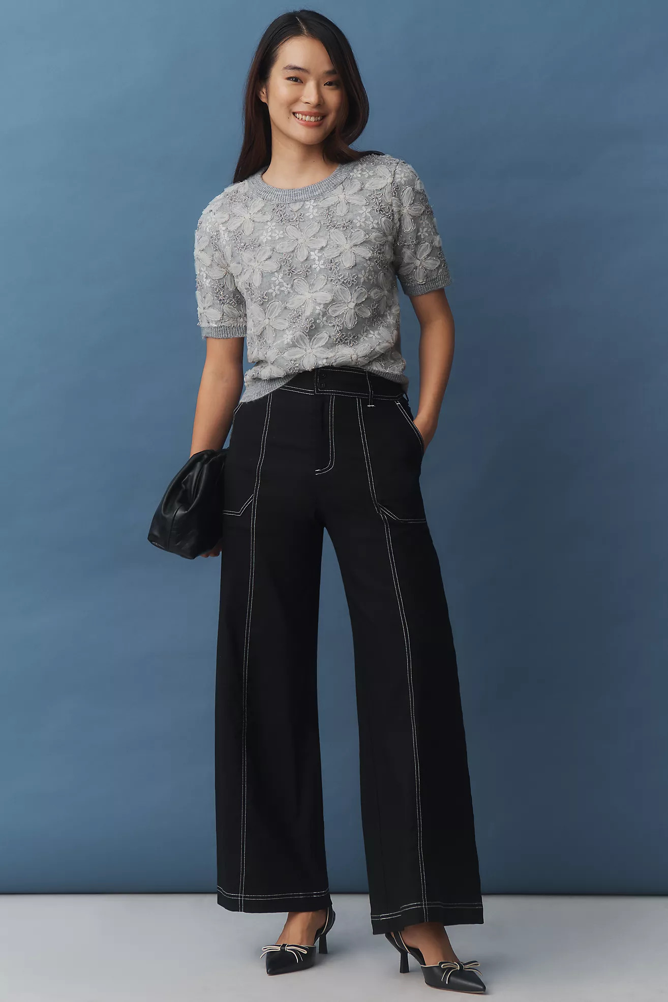 Maeve Linen Blend Top-Stitch Wide-Leg Pants | Anthropologie (US)
