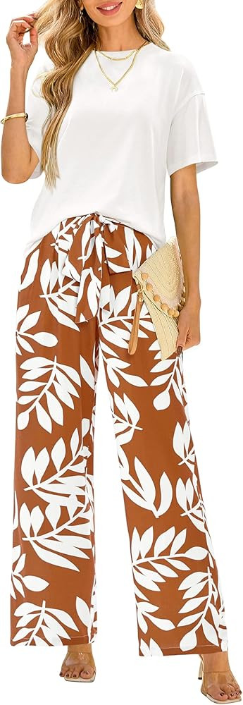 PRETTYGARDEN Women Summer 2 Piece Outfits 2026 Short Sleeve Knit Top Floral Print Belted Wide Leg... | Amazon (US)