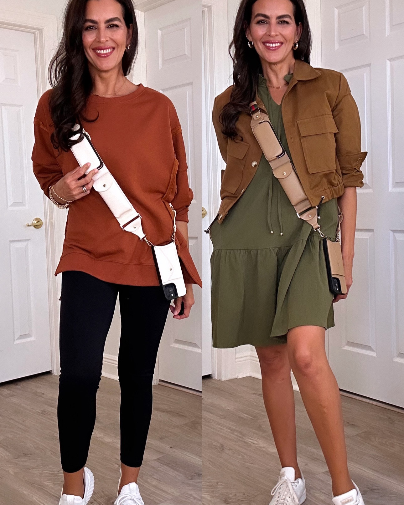 In love with this phone case/ bag!! Real leather! Available in more colors Size s in sweatshirt, dress & leggings. Shoes are tts. 

#LTKBacktoSchool #LTKTravel #LTKSaleAlert