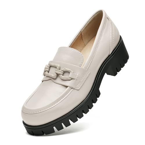 Womens Chunky Heel Penny Loafers Shoes, Cream Patent Leather Lug Sole Formal Work Shoes Comfort Platform Business Loafers, Size 11 | Amazon (US)