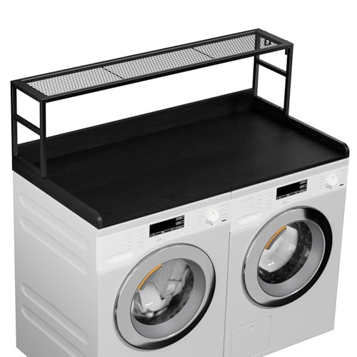 Washer Dryer Countertop, 2-Tier Laundry Countertop, Wooden Washer and Dryer Counter Top with Edge&Shelf, Washer Dryer Topper with Non-Slip Pads, Laundry Hamper Counter Storage Organization, Black | Amazon (US)