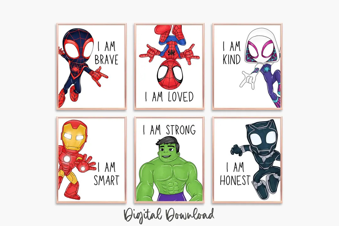 Superhero Affirmation Prints – Set of 6 Spidey and Friends Kids Room Decor (digital Download) -... | Etsy (US)
